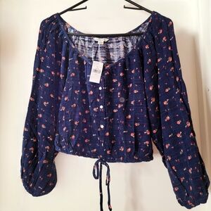 American Eagle Outfitters Blue/ Pink Tie Front Crop Blouse - Small